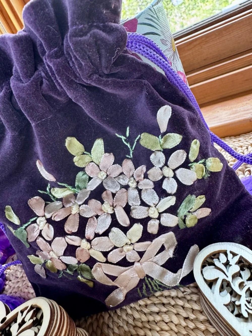 Purple Velvet Drawstring Bag W/Embroidery- 52 Laser Cut Wood  Dec To Paint!